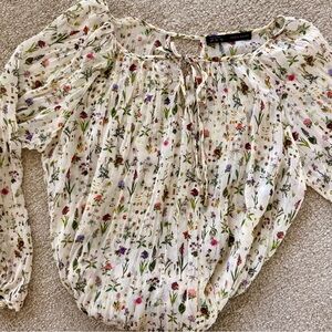 Zara Floral Sheer Long-Sleeve Blouse M